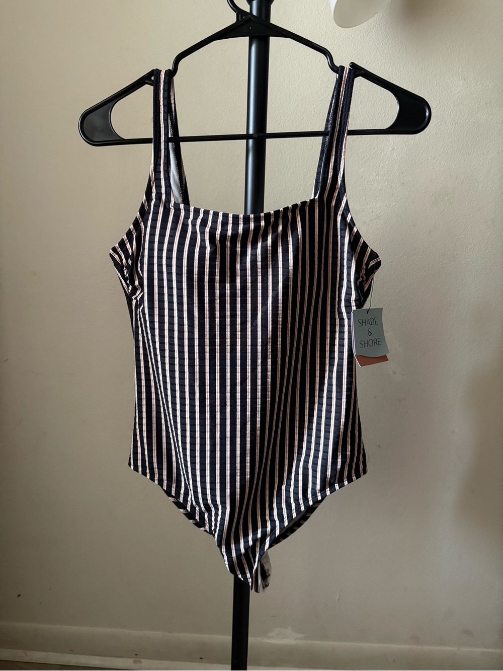 Shade & Shore Black and White Vertical Stripe One-Piece Swimsuit